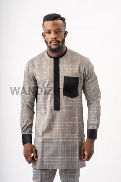 Glen Check Gray African Suit with Velvet Accents, African Men Clothing, African Wedding Men
