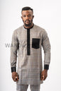 Glen Check Gray African Suit with Velvet Accents, African Men Clothing, African Wedding Men