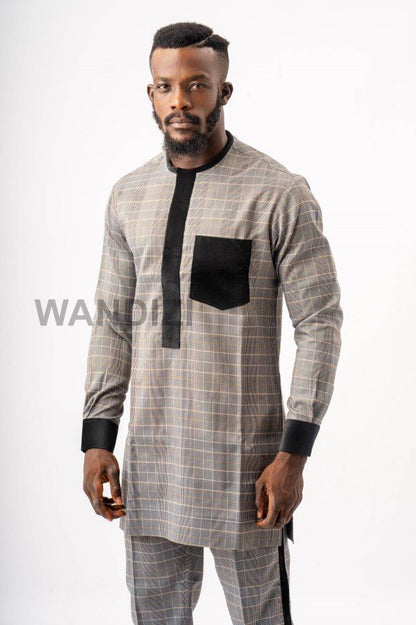 Glen Check Gray African Suit with Velvet Accents, African Men Clothing, African Wedding Men