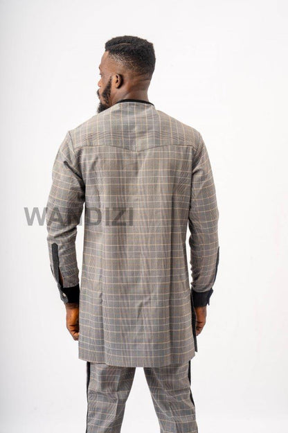 Glen Check Gray African Suit with Velvet Accents, African Men Clothing, African Wedding Men