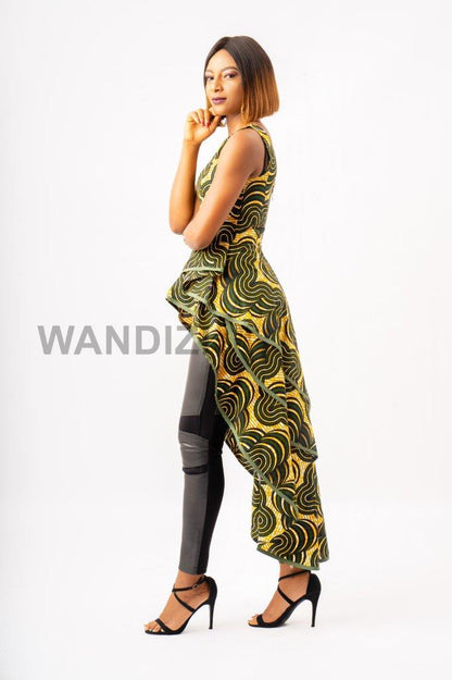 Green Asymmetrical Peplum Top, Irregular Layered Peplum Top, High Low Peplum Top