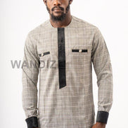 Tartan Gray African Suit with Velvet Accents, African Men Clothing, African Mens Suit