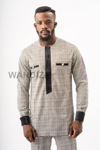 Tartan Gray African Suit with Velvet Accents, African Men Clothing, African Mens Suit