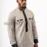 Tartan Gray African Suit with Velvet Accents, African Men Clothing, African Mens Suit