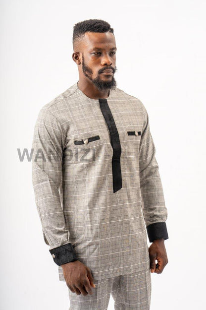 Tartan Gray African Suit with Velvet Accents, African Men Clothing, African Mens Suit