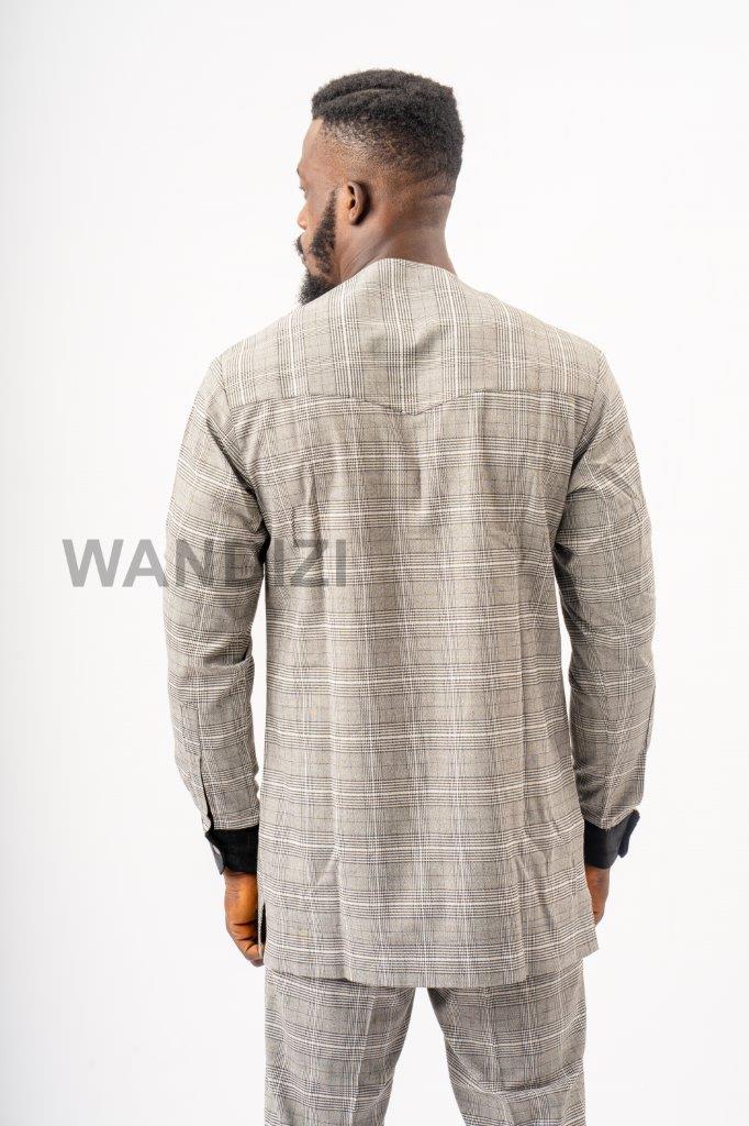 Tartan Gray African Suit with Velvet Accents, African Men Clothing, African Mens Suit