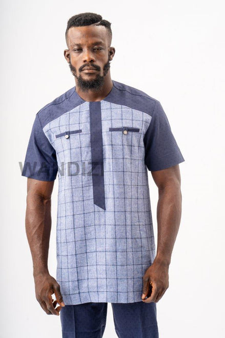 Window Pane Blue African Suit, Kaftan, African Men Clothing, African Mens Suit, African Wedding Men
