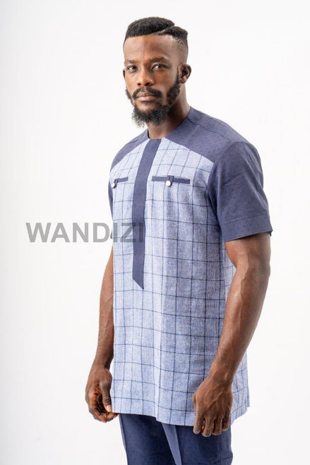 Window Pane Blue African Suit, Kaftan, African Men Clothing, African Mens Suit, African Wedding Men