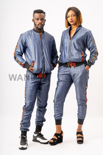 Denim Bomber Jacket and Jogger Pants with Ankara Accents, Jeans Bomber Jacket,