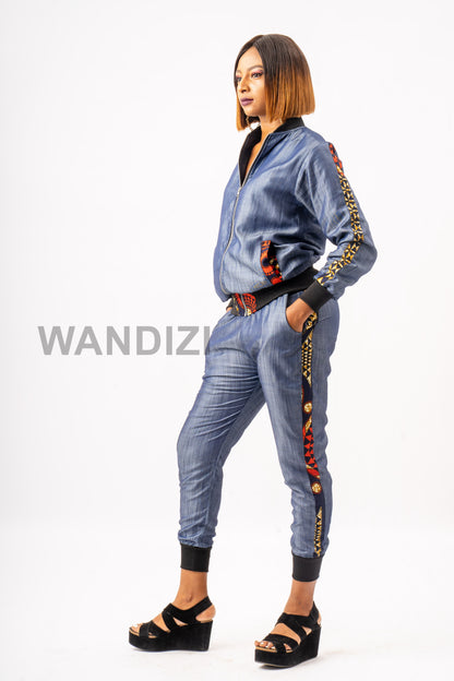 Denim Bomber Jacket and Jogger Pants with Ankara Accents, Jeans Bomber Jacket,