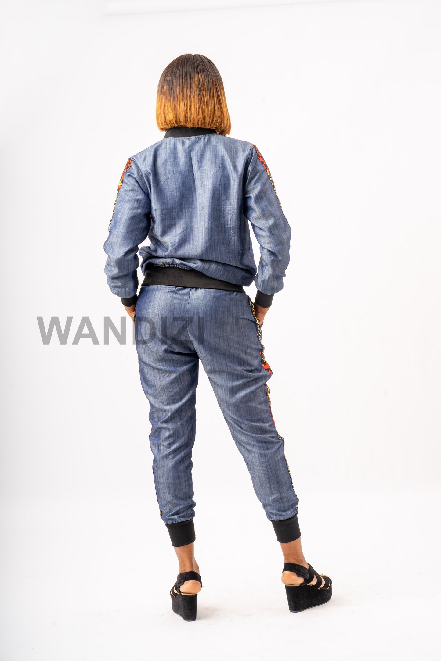 Denim Bomber Jacket and Jogger Pants with Ankara Accents, Jeans Bomber Jacket,