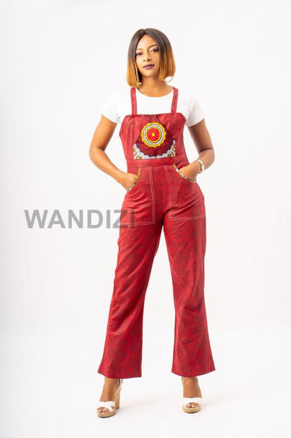 Red Faux Snake Skin Dungaree Pants with Ankara Patchwork, African Print Jumpsuit