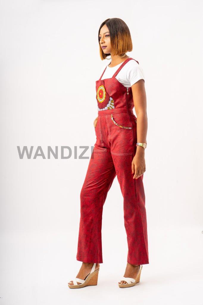 Red Faux Snake Skin Dungaree Pants with Ankara Patchwork, African Print Jumpsuit