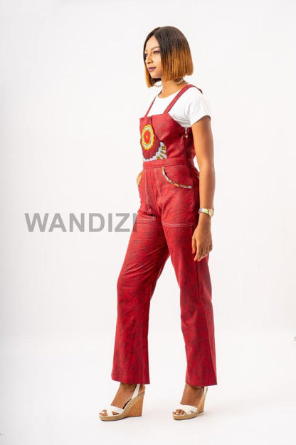 Red Faux Snake Skin Dungaree Pants with Ankara Patchwork, African Print Jumpsuit