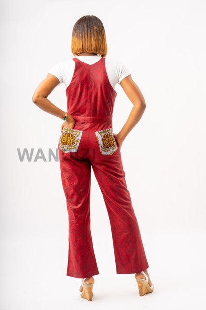 Red Faux Snake Skin Dungaree Pants with Ankara Patchwork, African Print Jumpsuit