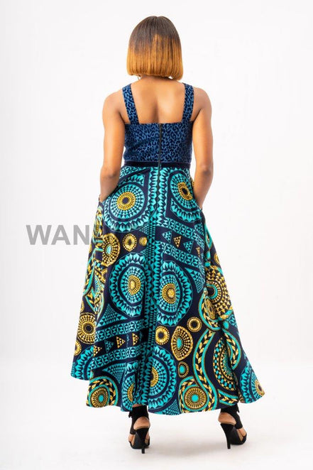 Teal Blue Ankara and Leopard Print Maxi Dress, Ankara Maxi Dress, African Clothing for Women