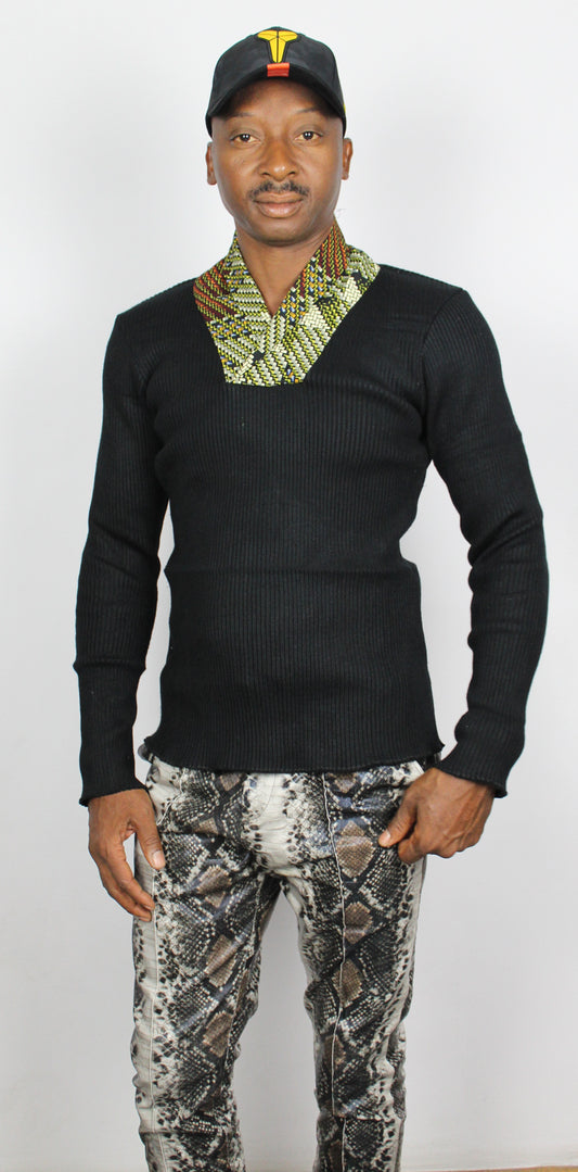 Black and Ankara Mix Sweater with Front Zipper, Wool Sweater with Ankara, African Sweater