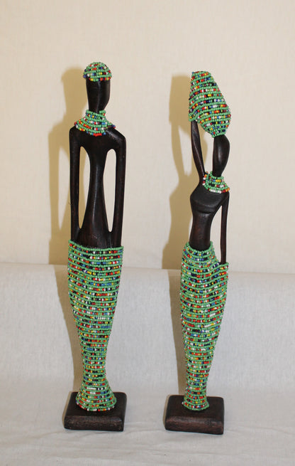 2pc Couple Beaded Wooden Figurines, African Decor, Wooden Figurines. Home Decor