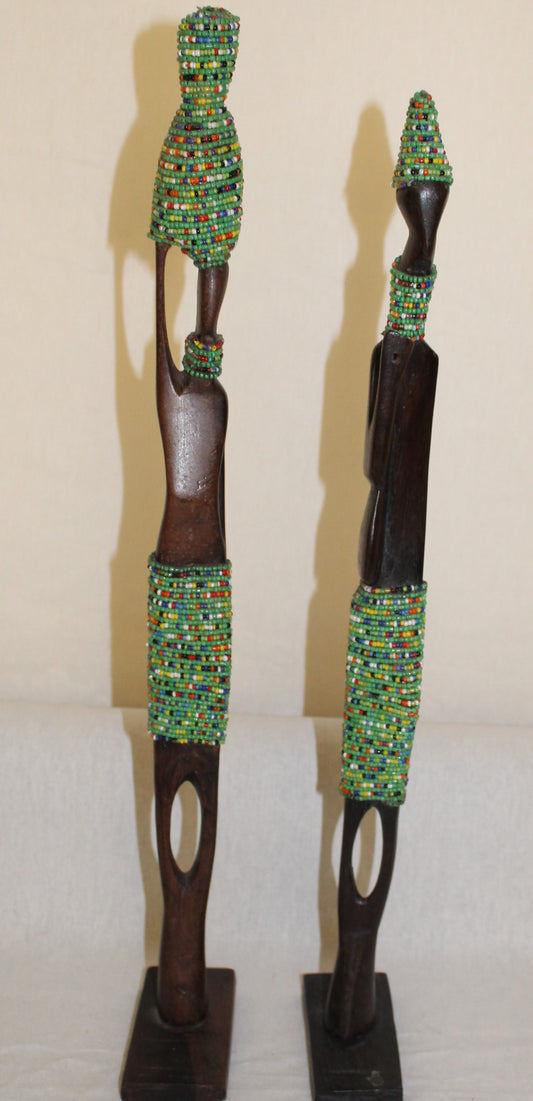 2pc Couple Beaded Wooden Figurines, African Decor, Wooden Figurines. Home Decor