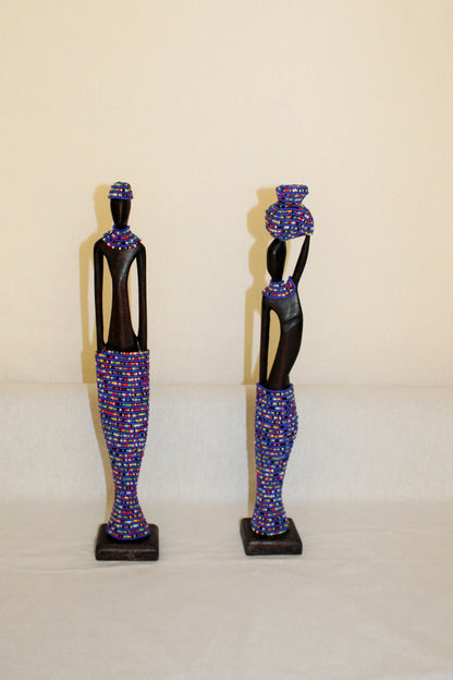 2pc Couple Beaded Wooden Figurines, African Decor, Wooden Figurines. Home Decor