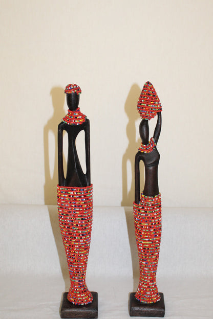 2pc Couple Beaded Wooden Figurines, African Decor, Wooden Figurines. Home Decor