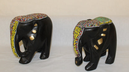 2pc Couple Beaded Wooden Elephant Figurines, African Decor, Wooden Figurines. Home Decor