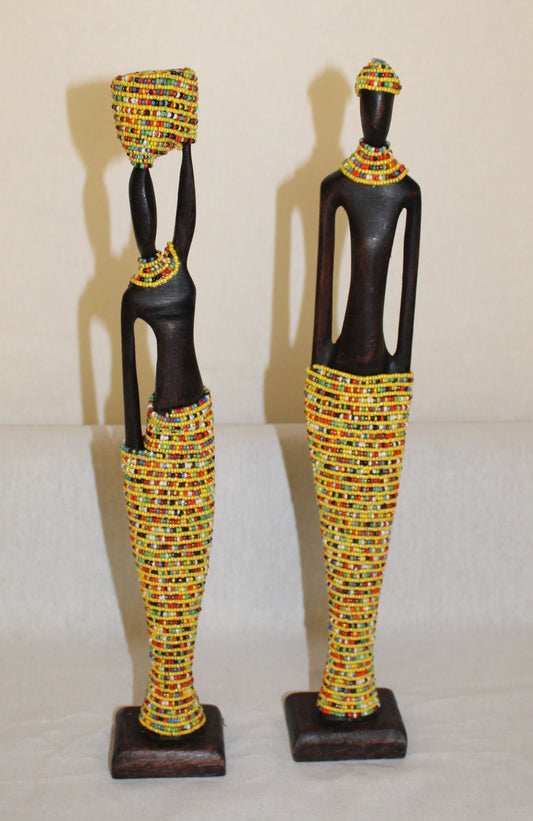 2pc Couple Beaded Wooden Figurines, African Decor, Wooden Figurines. Home Decor