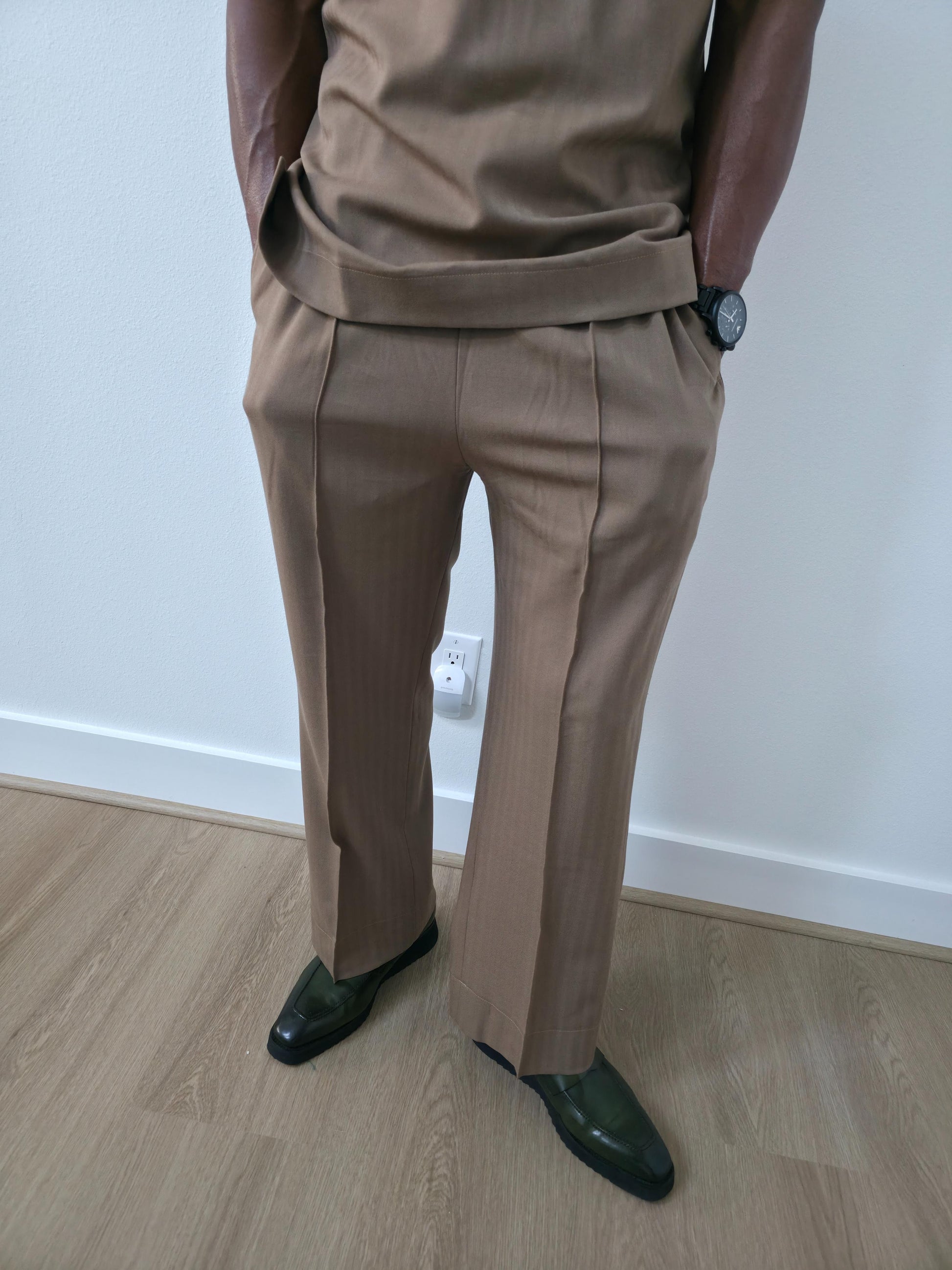 Dune caramel two-piece set featuring a short-sleeved V-neck tunic and matching straight-leg trousers with a sharp front crease. - Pants 