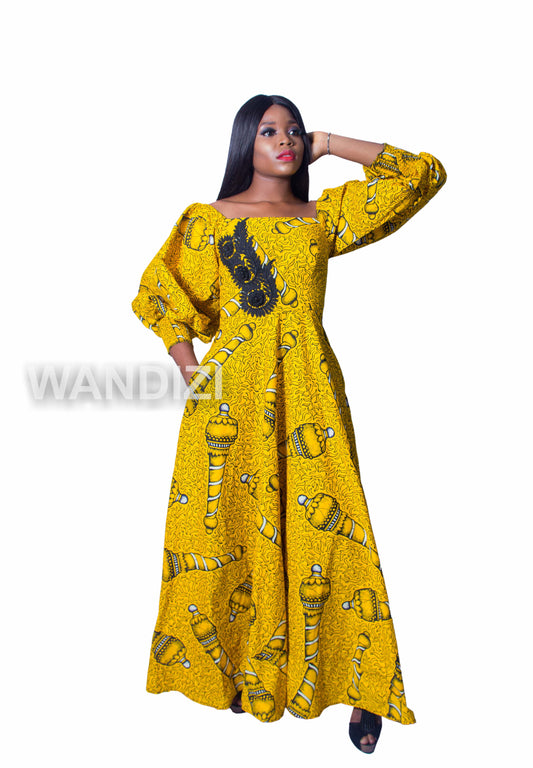 Yellow Ankara Maxi Dress with lace applique