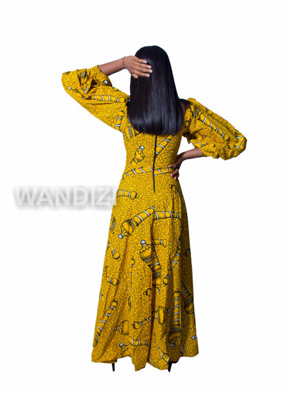 Yellow Ankara Maxi Dress with lace applique