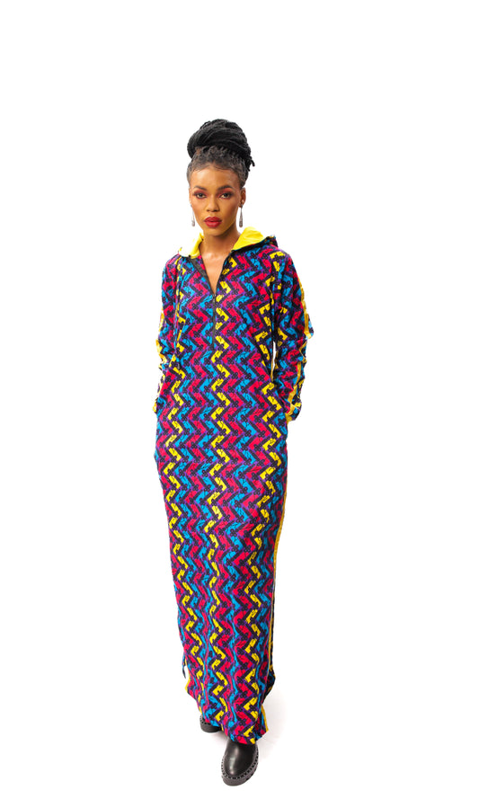 Multicoloured Ankara Long Dress with Hoodie, Ankara Bubu, African Print Kaftan, Ankara Kaftan