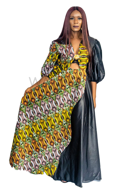 African Print and Satin Maxi Puff Sleeve Dress, Ankara Long Dress, African Womens Clothing
