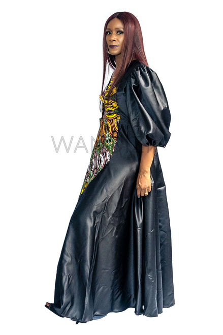 African Print and Satin Maxi Puff Sleeve Dress, Ankara Long Dress, African Womens Clothing