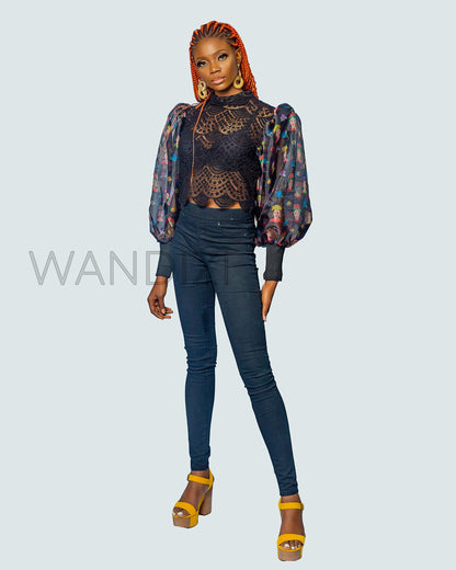 Lace Organza Puff Sleeve Top, Lace Mixed With Organza Crop Top
