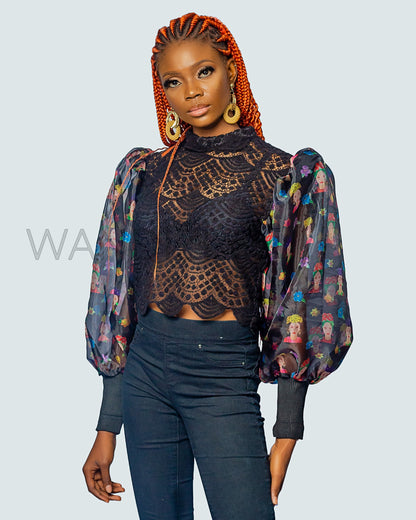 Lace Organza Puff Sleeve Top, Lace Mixed With Organza Crop Top