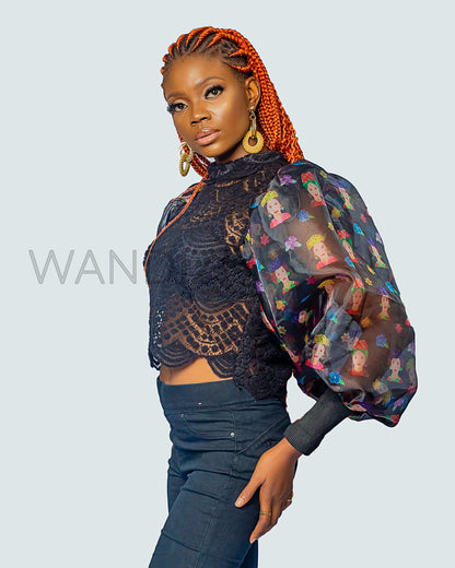 Lace Organza Puff Sleeve Top, Lace Mixed With Organza Crop Top