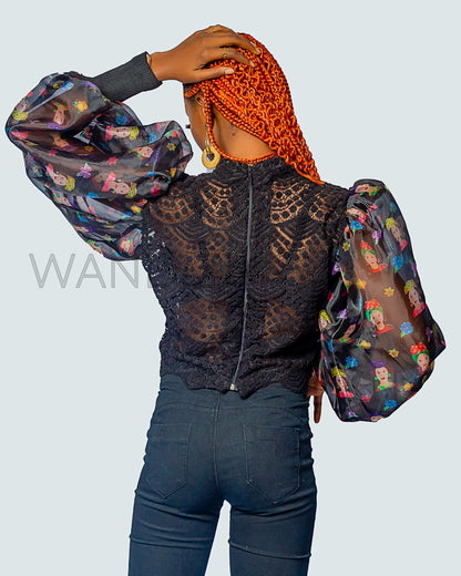 Lace Organza Puff Sleeve Top, Lace Mixed With Organza Crop Top
