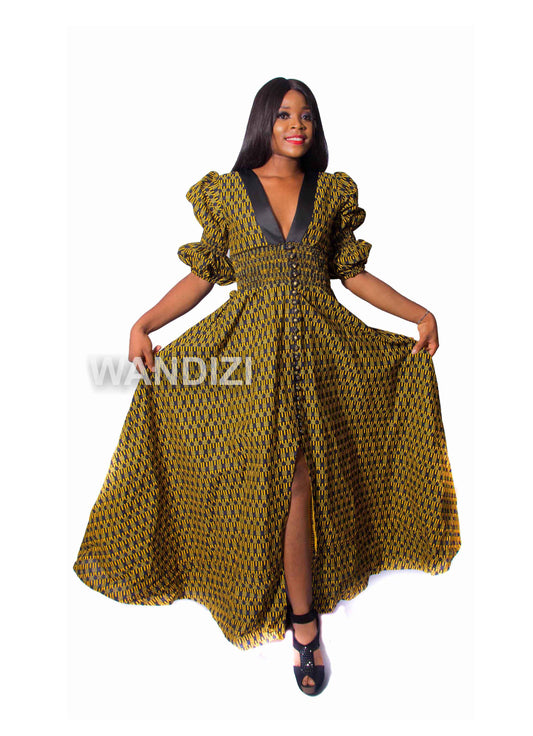 Yellow African Print V-neck Maxi Dress, Ankara Long Dress, African Clothing for Women
