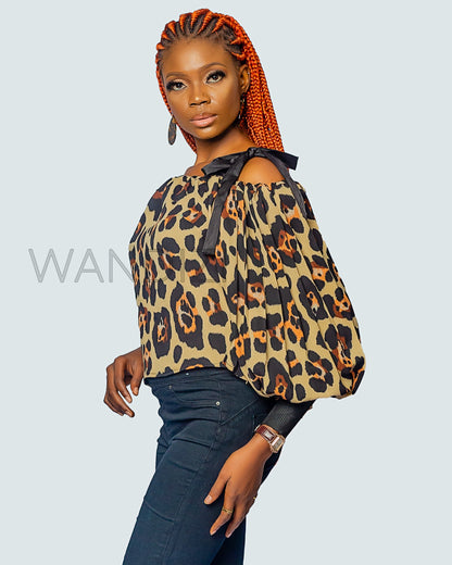 Animal Print Puff Smocked Sleeve Cold Shoulder Top, African Clothing