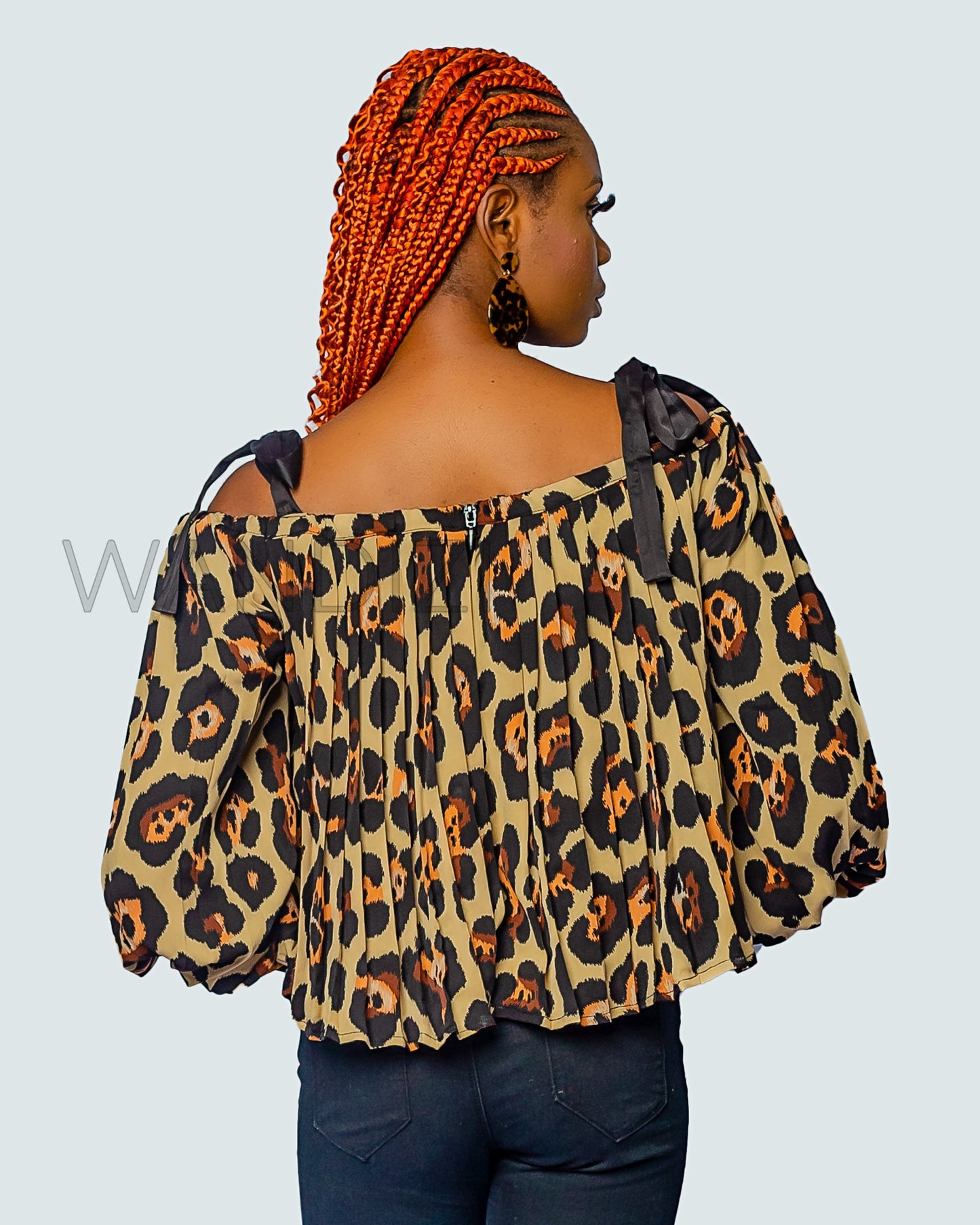 Animal Print Puff Smocked Sleeve Cold Shoulder Top, African Clothing