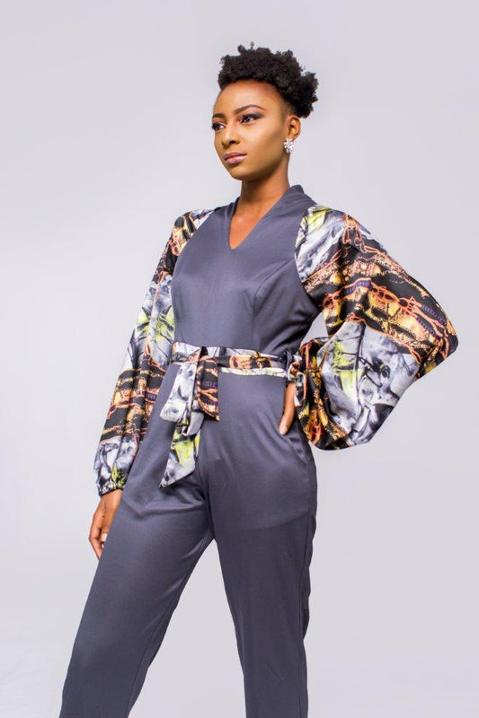 New Chiffon Jumpsuit, Grey Jumpsuit Women, Jumpsuit with Chiffon Sleeves, African Print Jumpsuit,