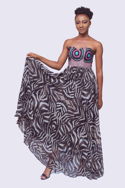 African Print & Chiffon Strapless Long Dress, Cocktail Dress, Ankara Cocktail Dress, Prom Dress