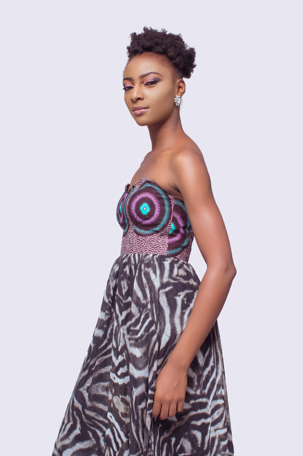 African Print & Chiffon Strapless Long Dress, Cocktail Dress, Ankara Cocktail Dress, Prom Dress