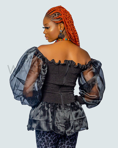 Black Organza Smocked Off Shoulder Puff Sleeve Top, Womens Clothing, Off the shoulder top
