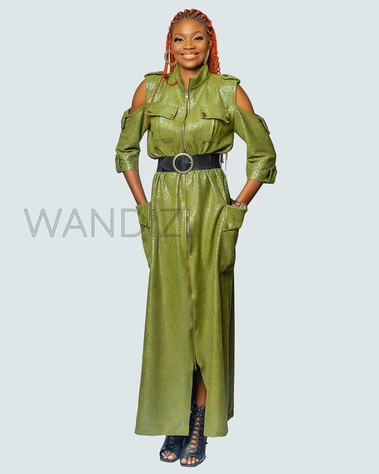 Military Style Long Dress with Epaulette, Long Dress with Zip, Polyester Kaftan