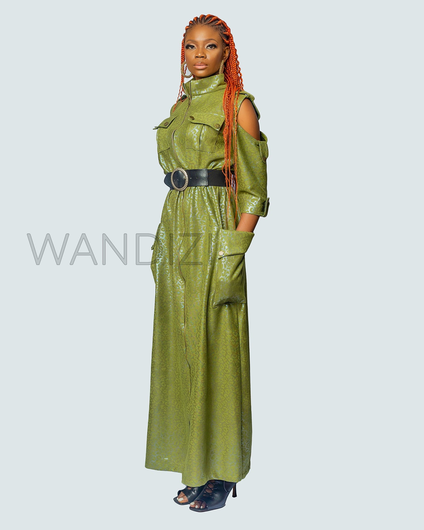 Military Style Long Dress with Epaulette, Long Dress with Zip, Polyester Kaftan