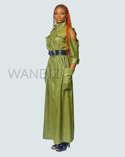 Military Style Long Dress with Epaulette, Long Dress with Zip, Polyester Kaftan