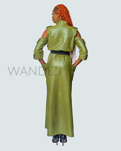Military Style Long Dress with Epaulette, Long Dress with Zip, Polyester Kaftan