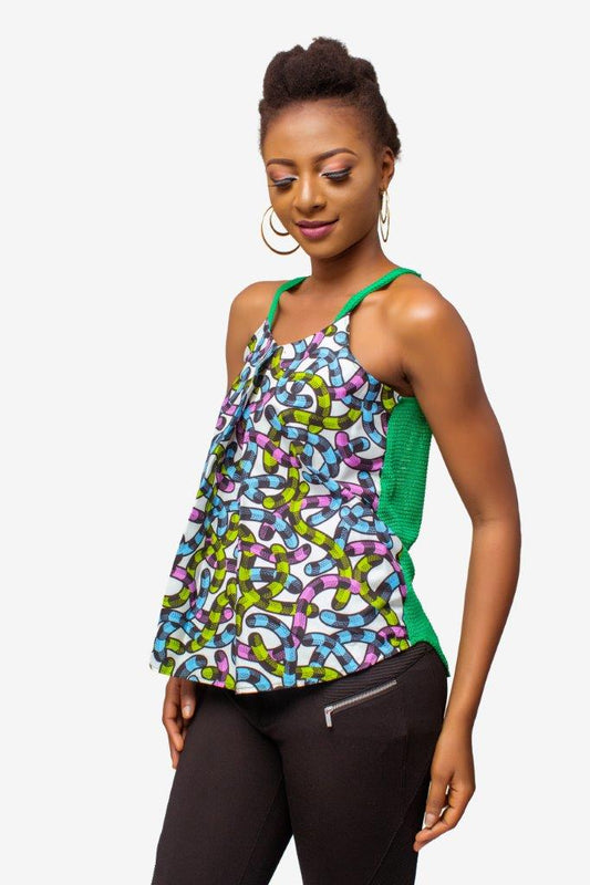Green African Print Ankara & Net Mix Strappy Top