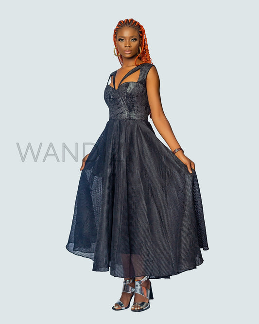 Deep V-Neck Bustier Flare Maxi Dress, Black Sexy Dress, Black Dress